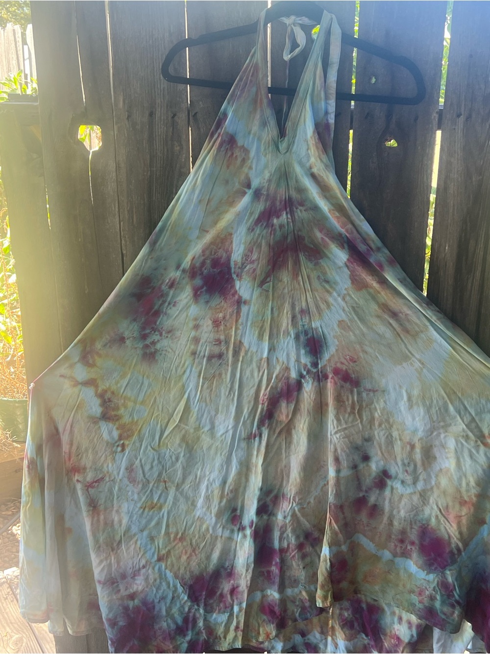 Tie-Dye Halter Maxi Dress in Multi-Tone Teal and Burgundy